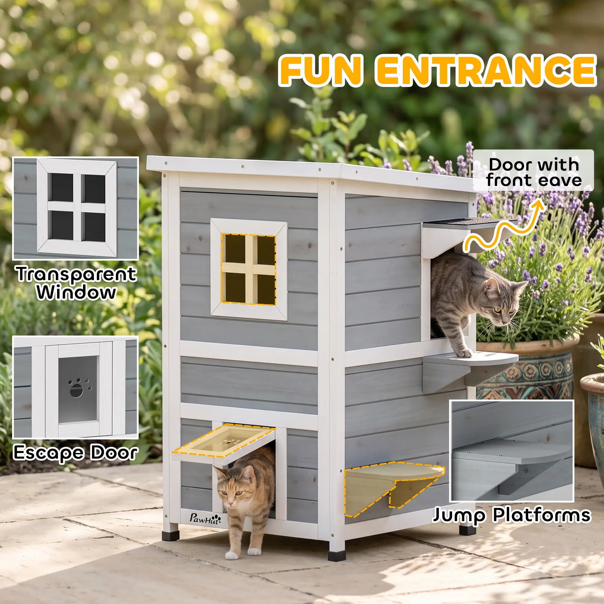 PawHut Two-Floor Wooden Cat House with Three Doors – Grey – image 6