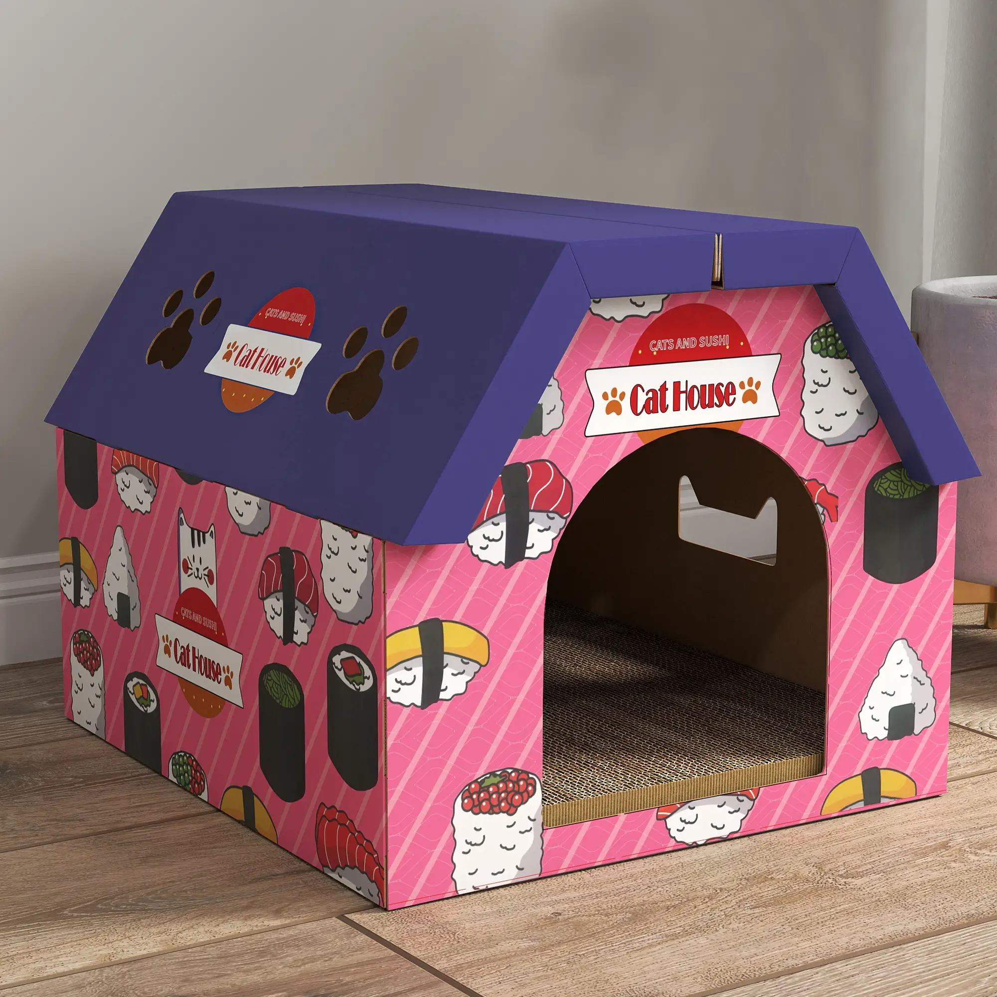 PawHut Sushi Cardboard Cat House & Scratcher – Pink – image 9