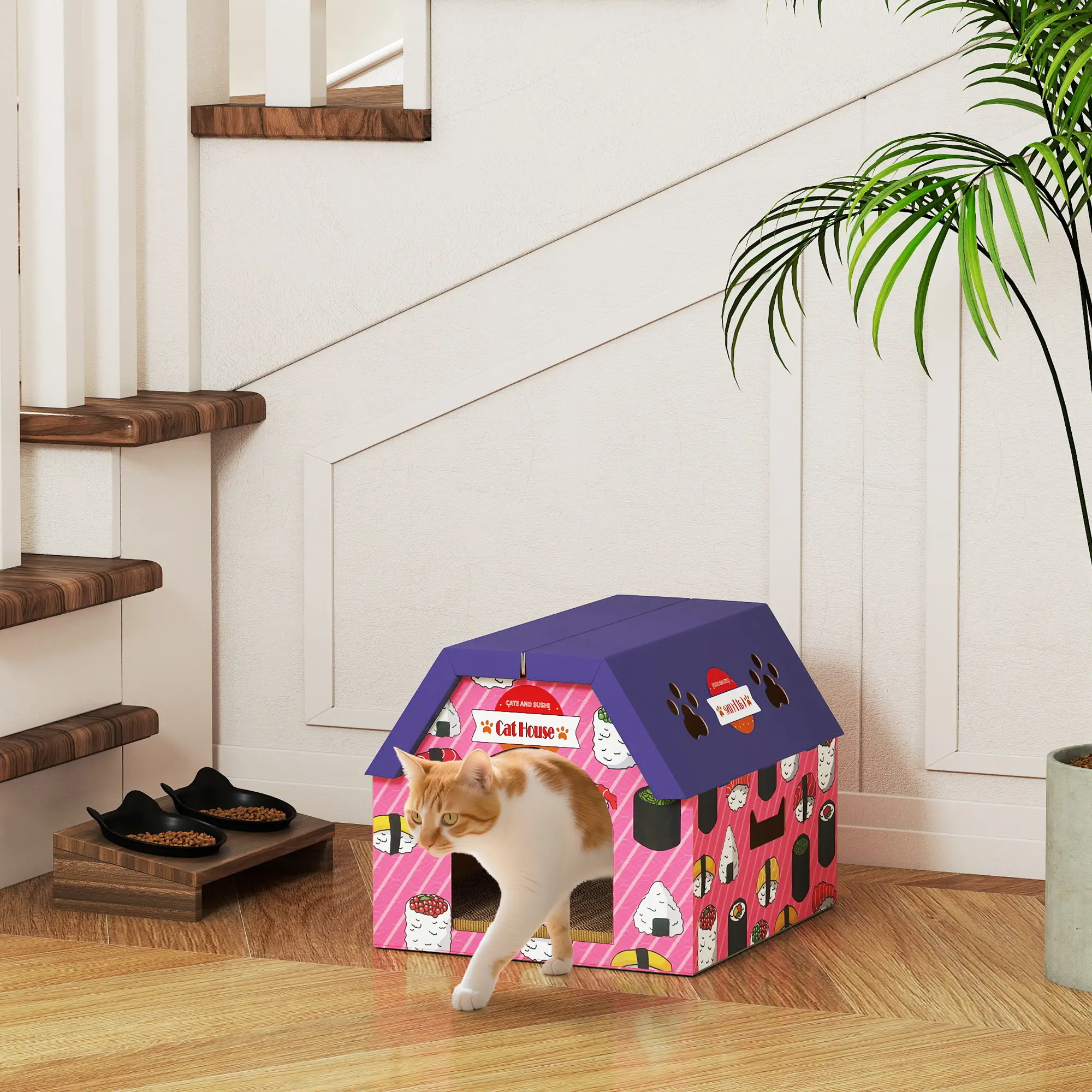 PawHut Sushi Cardboard Cat House & Scratcher – Pink – image 10