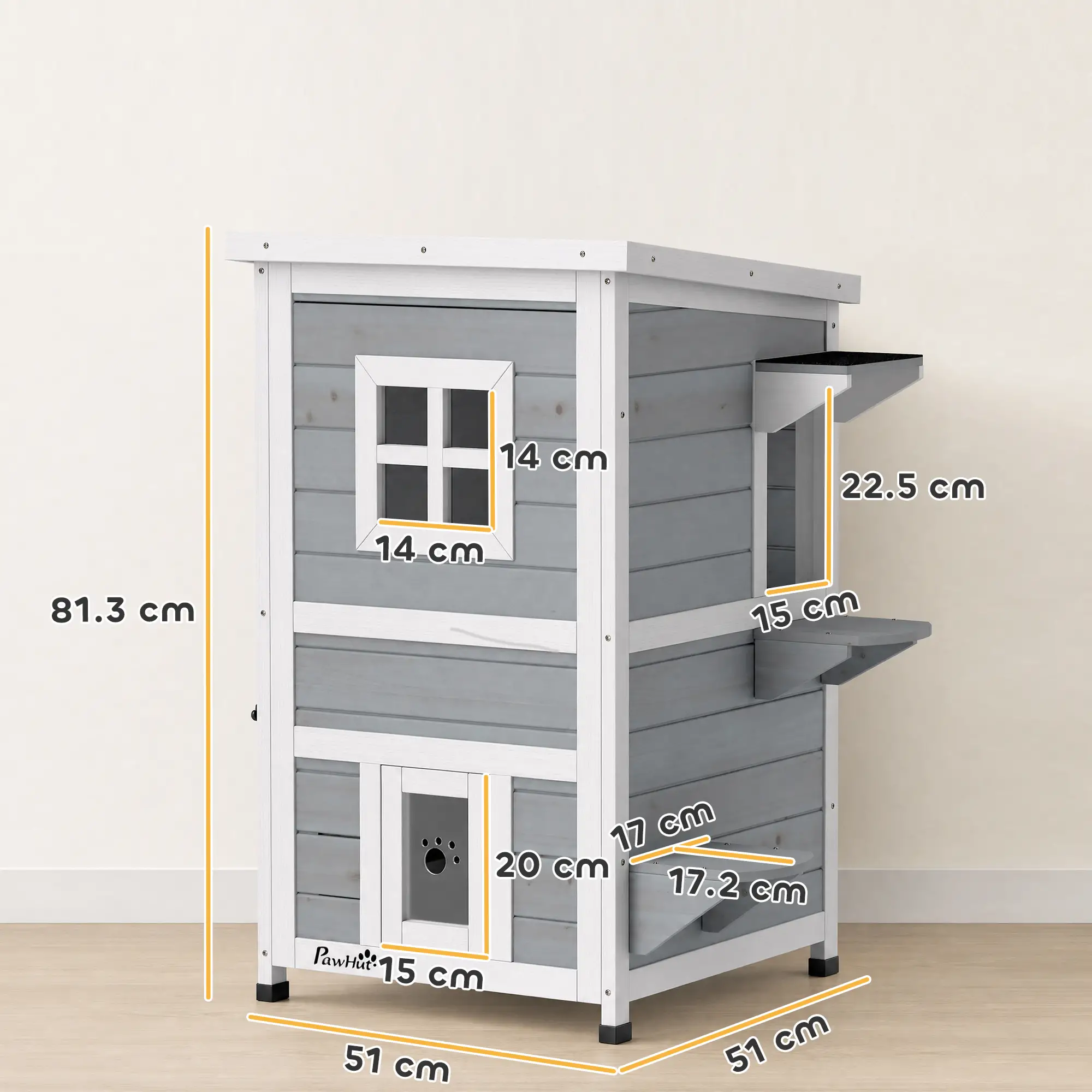 PawHut Two-Floor Wooden Cat House with Three Doors – Grey – image 3