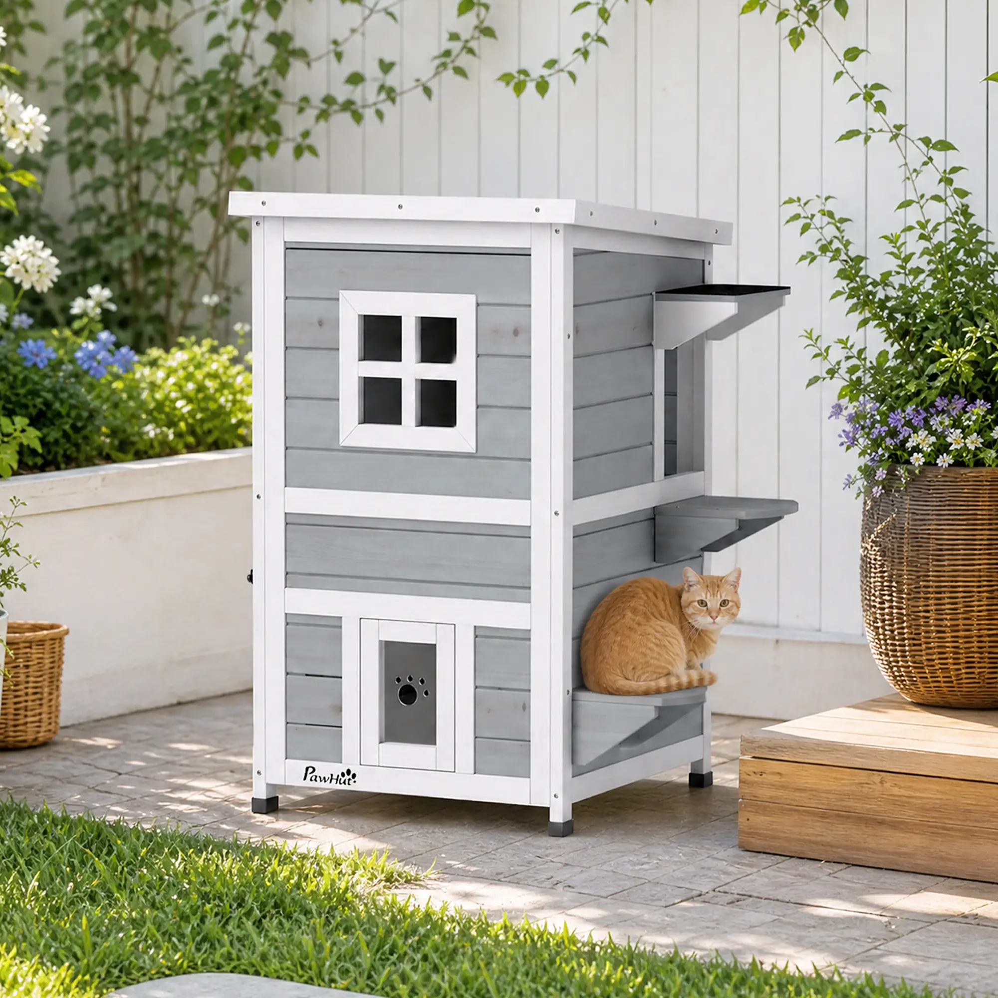 PawHut Two-Floor Wooden Cat House with Three Doors – Grey – image 2