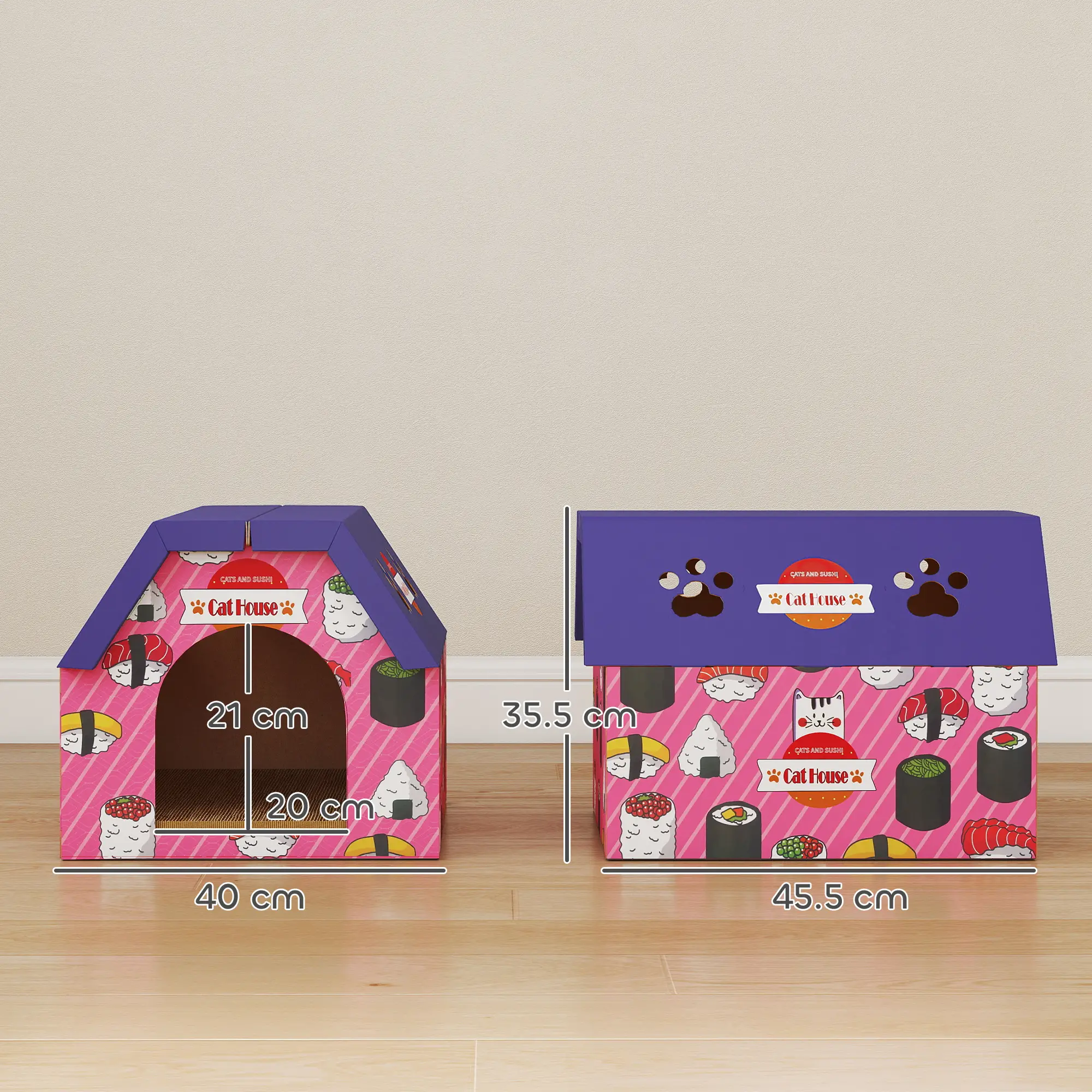 PawHut Sushi Cardboard Cat House & Scratcher – Pink – image 3