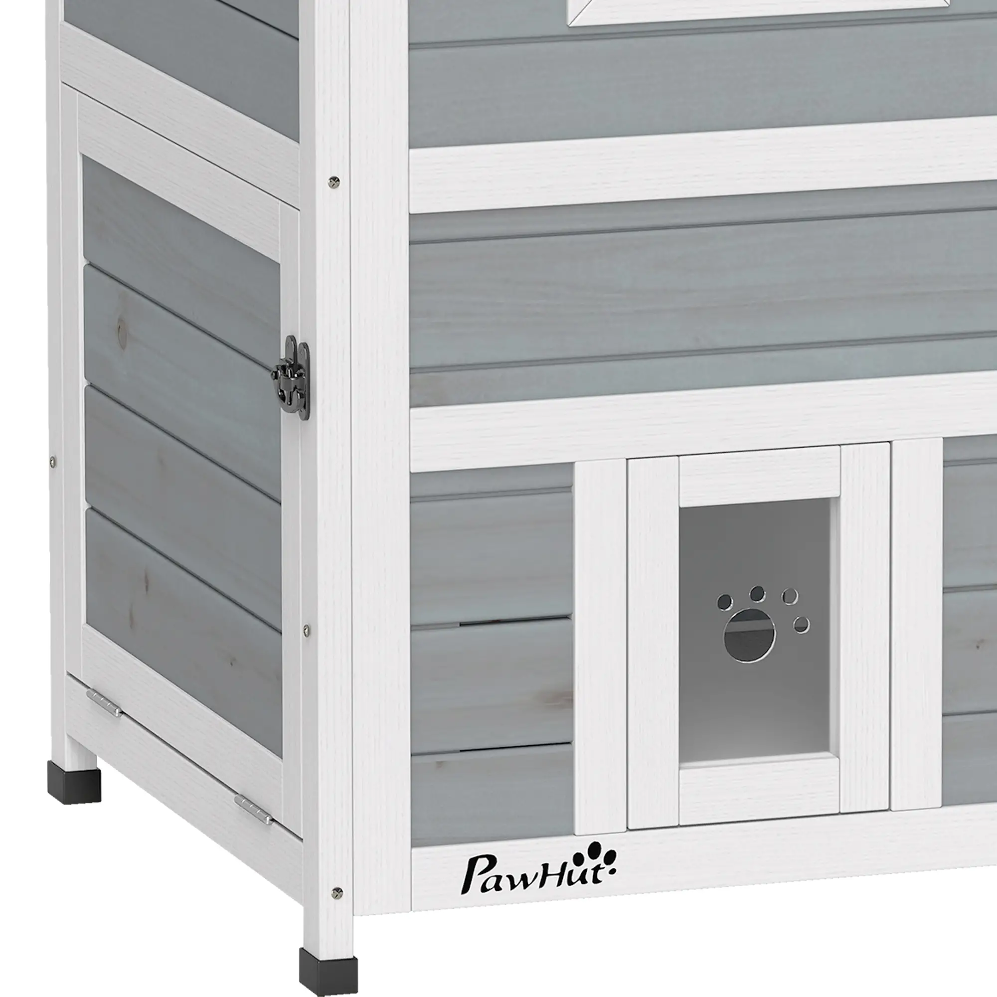 PawHut Two-Floor Wooden Cat House with Three Doors – Grey – image 11