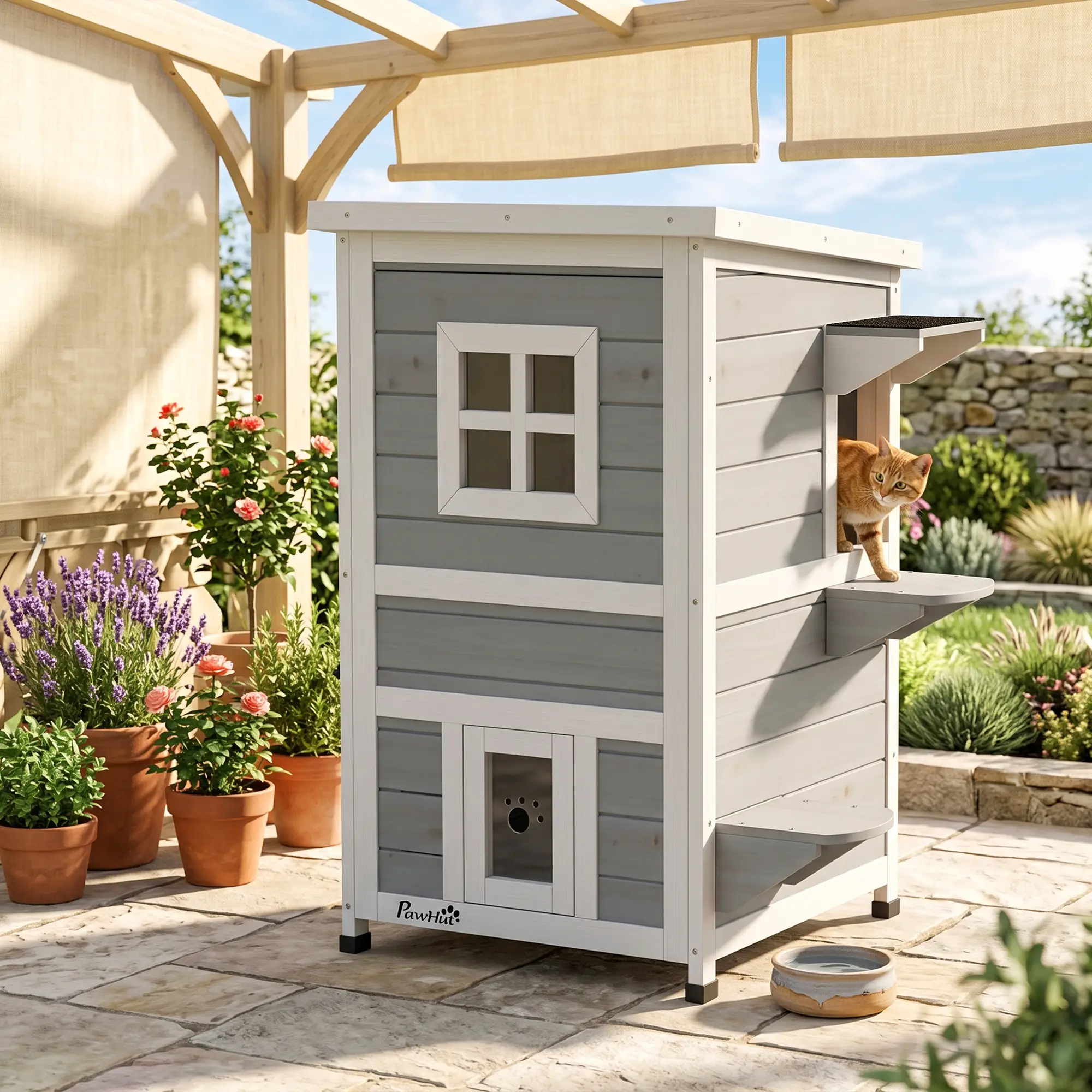 PawHut Two-Floor Wooden Cat House with Three Doors – Grey – image 9