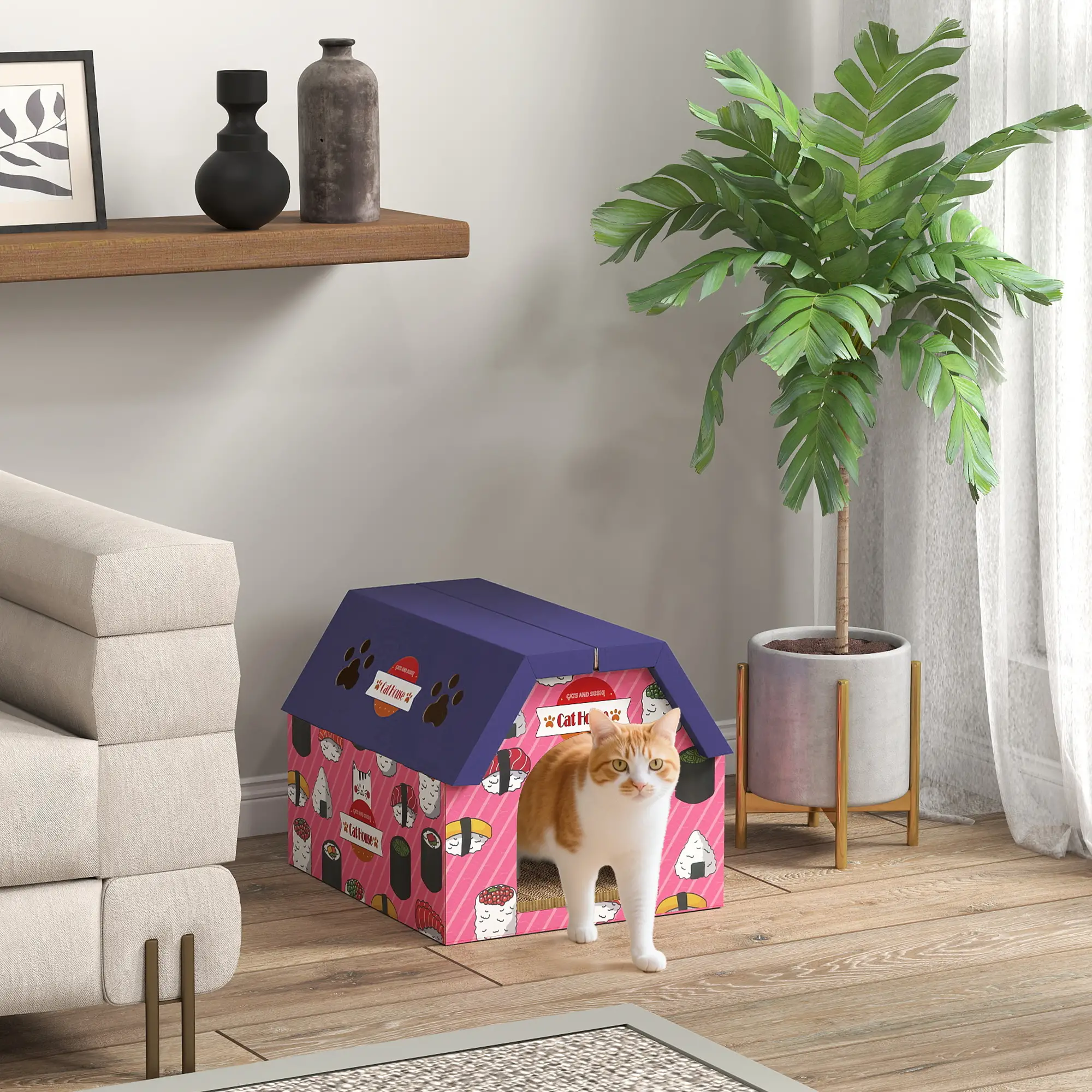PawHut Sushi Cardboard Cat House & Scratcher – Pink – image 2