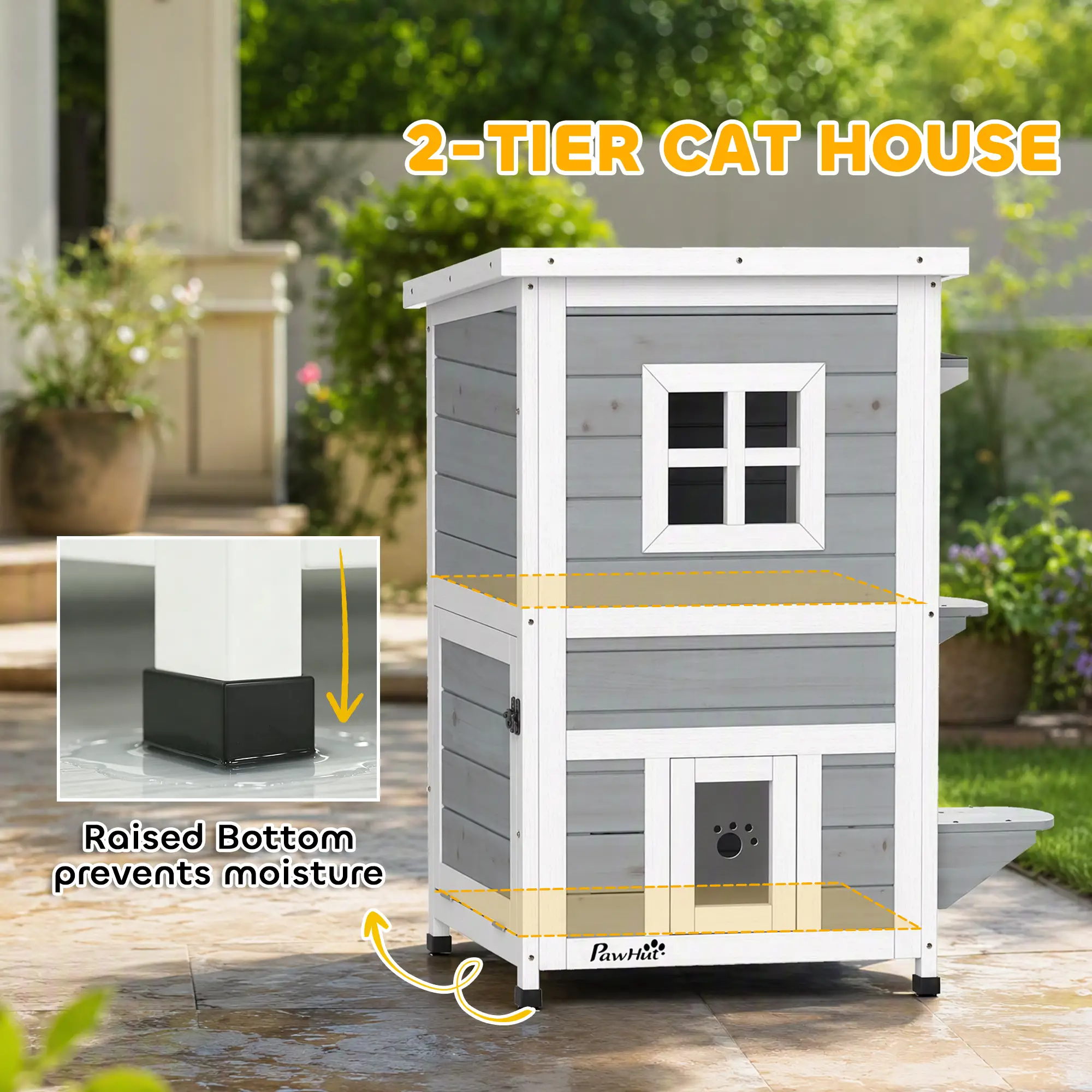 PawHut Two-Floor Wooden Cat House with Three Doors – Grey – image 5