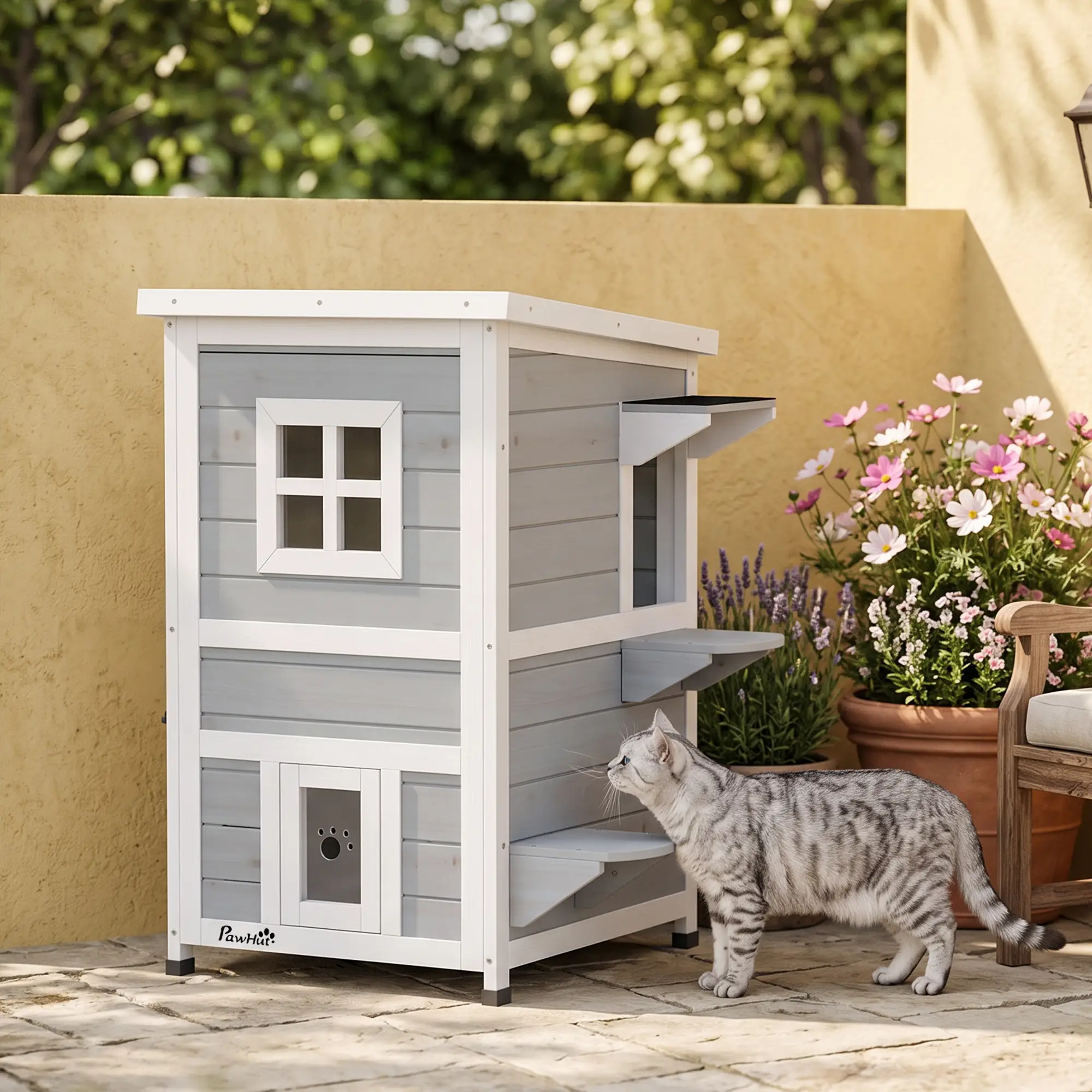 PawHut Two-Floor Wooden Cat House with Three Doors – Grey – image 8