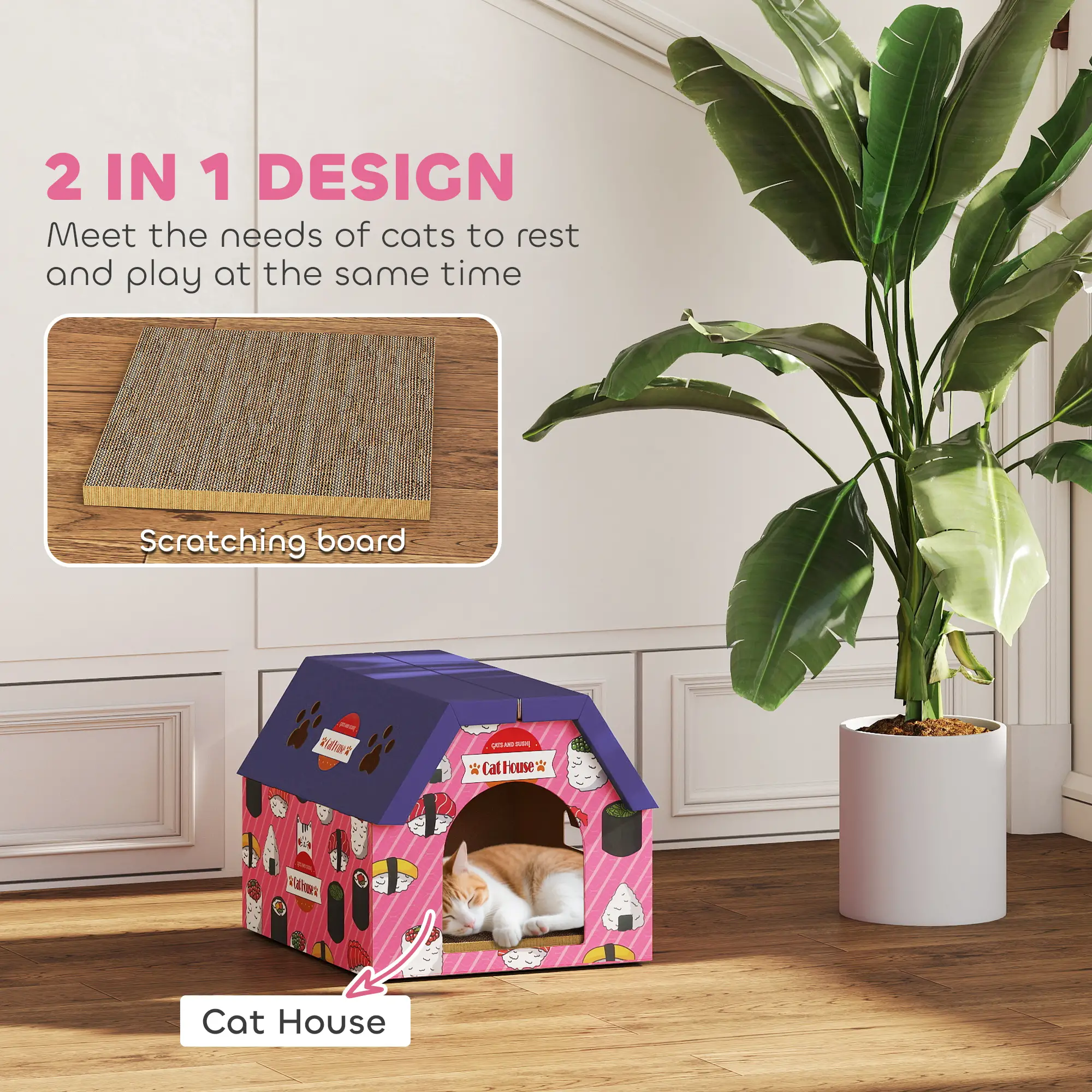 PawHut Sushi Cardboard Cat House & Scratcher – Pink – image 4