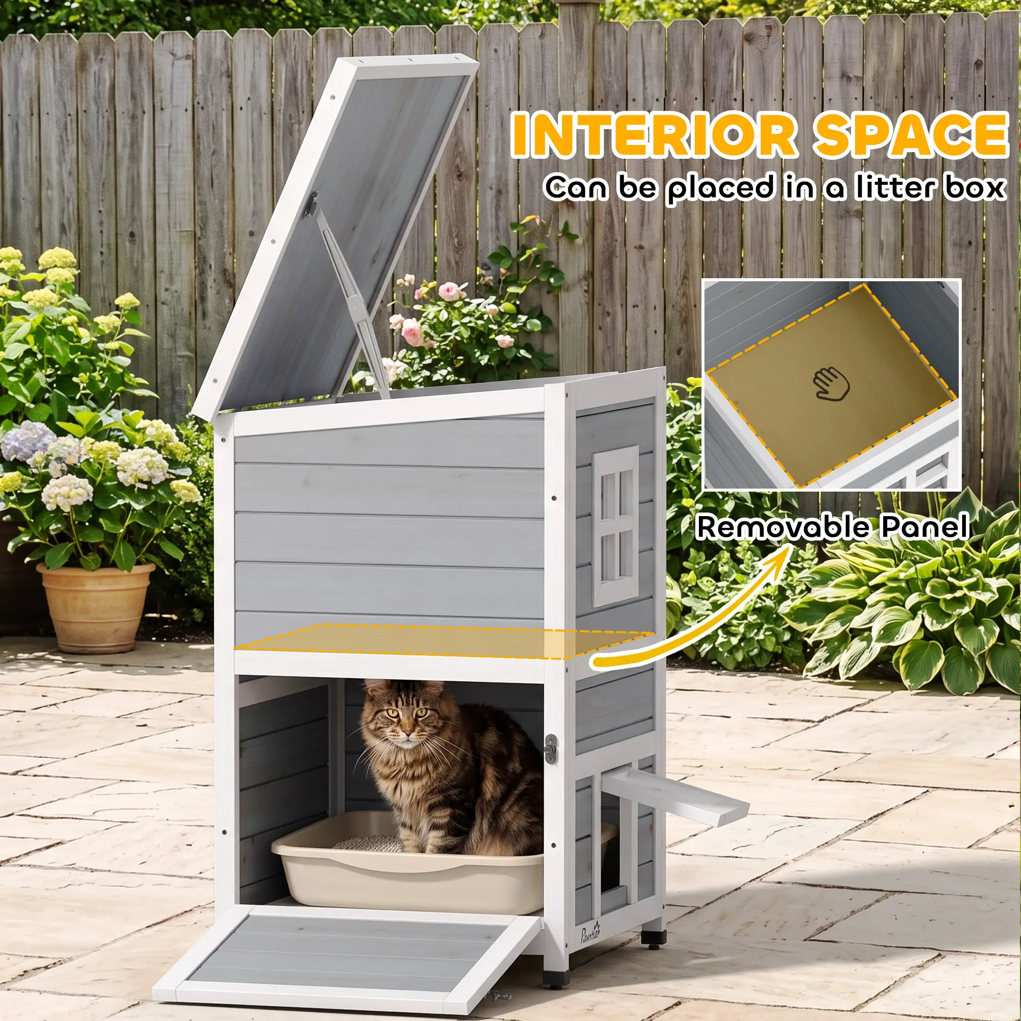 PawHut Two-Floor Wooden Cat House with Three Doors – Grey – image 7