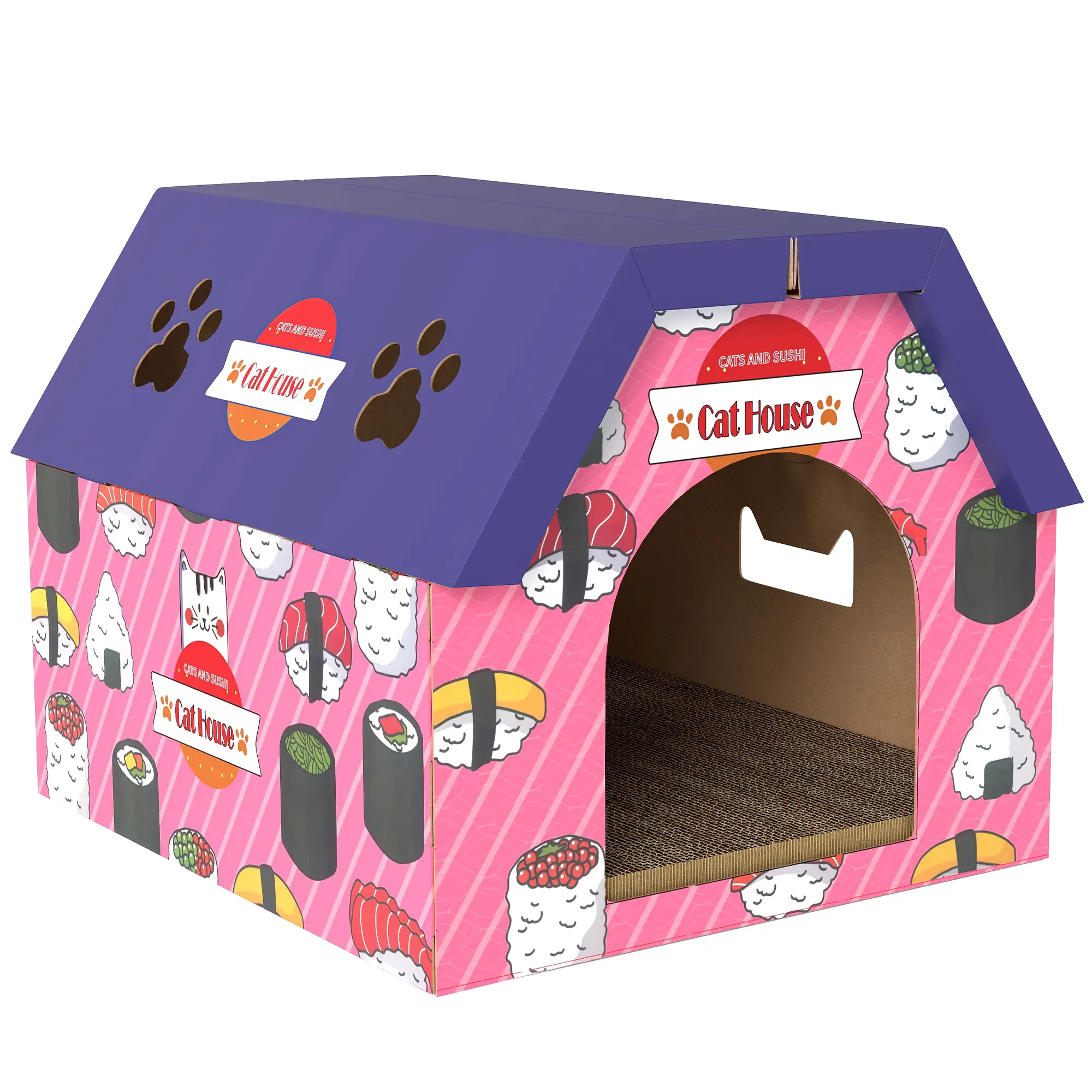PawHut Sushi Cardboard Cat House & Scratcher – Pink – image 1