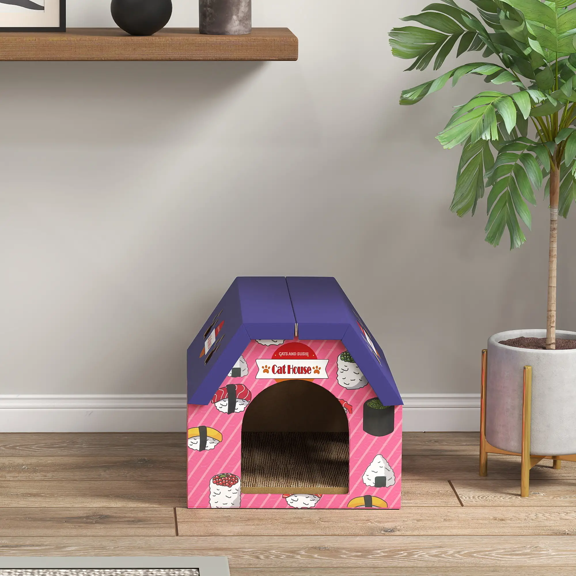PawHut Sushi Cardboard Cat House & Scratcher – Pink – image 8