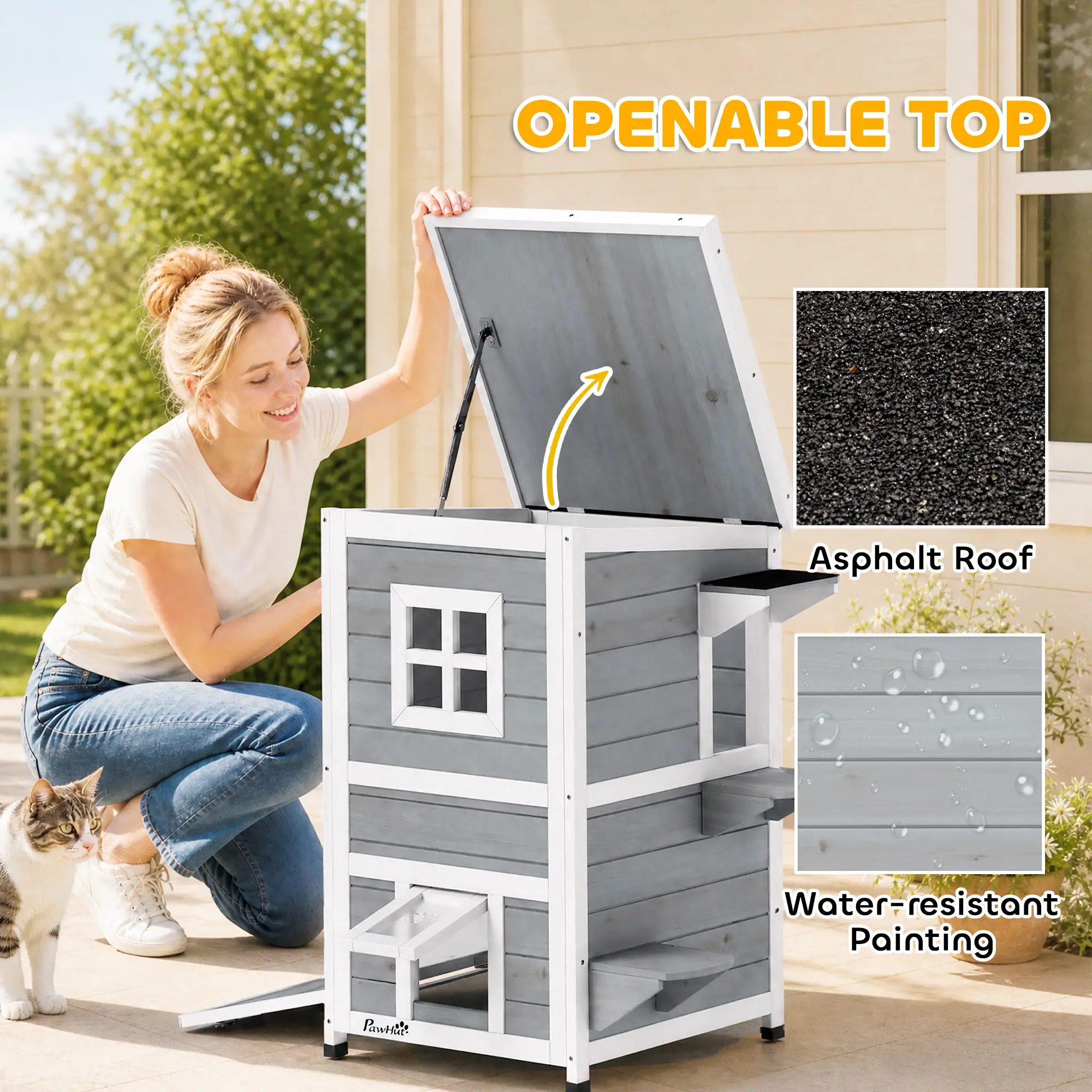 PawHut Two-Floor Wooden Cat House with Three Doors – Grey – image 4