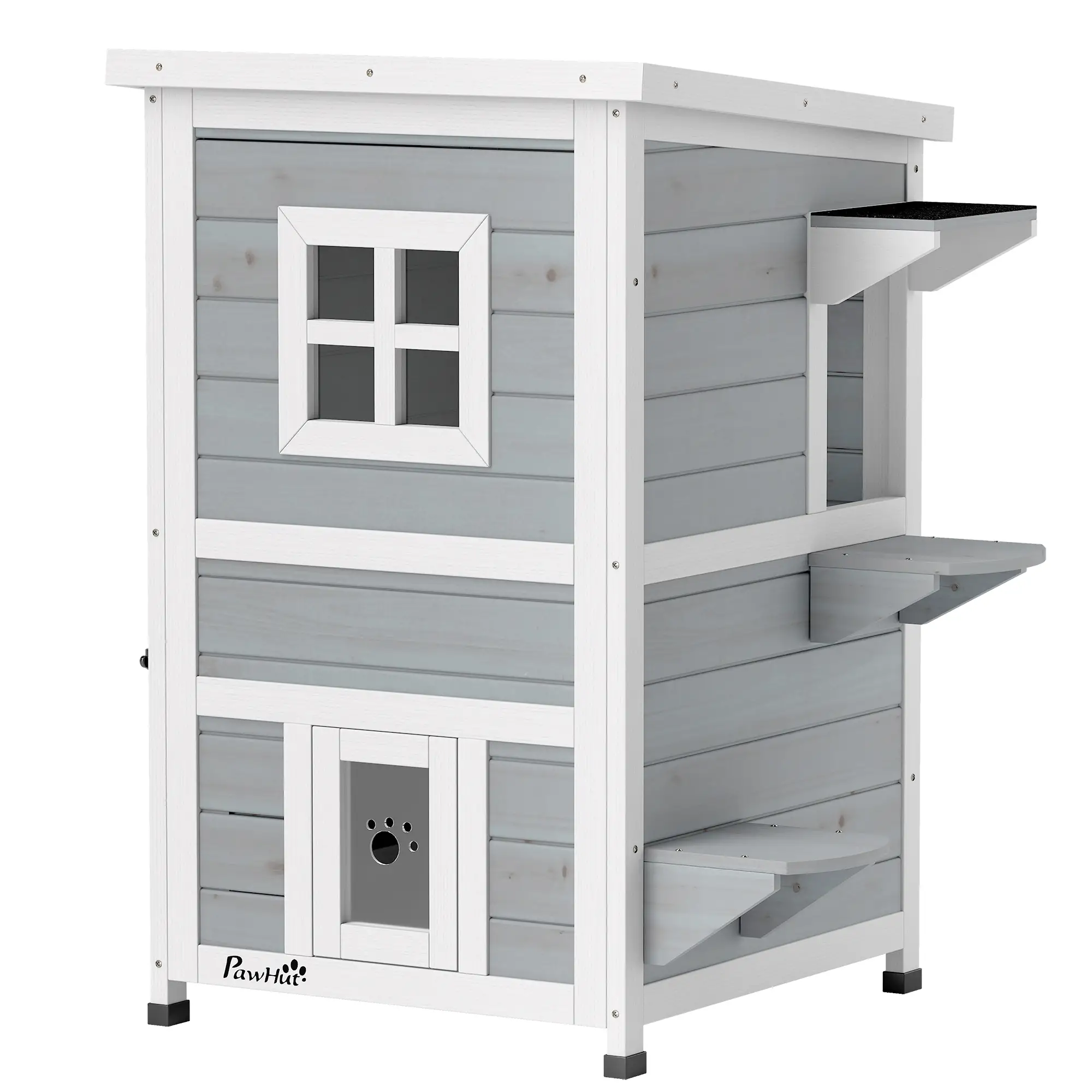 PawHut Two-Floor Wooden Cat House with Three Doors – Grey – image 1
