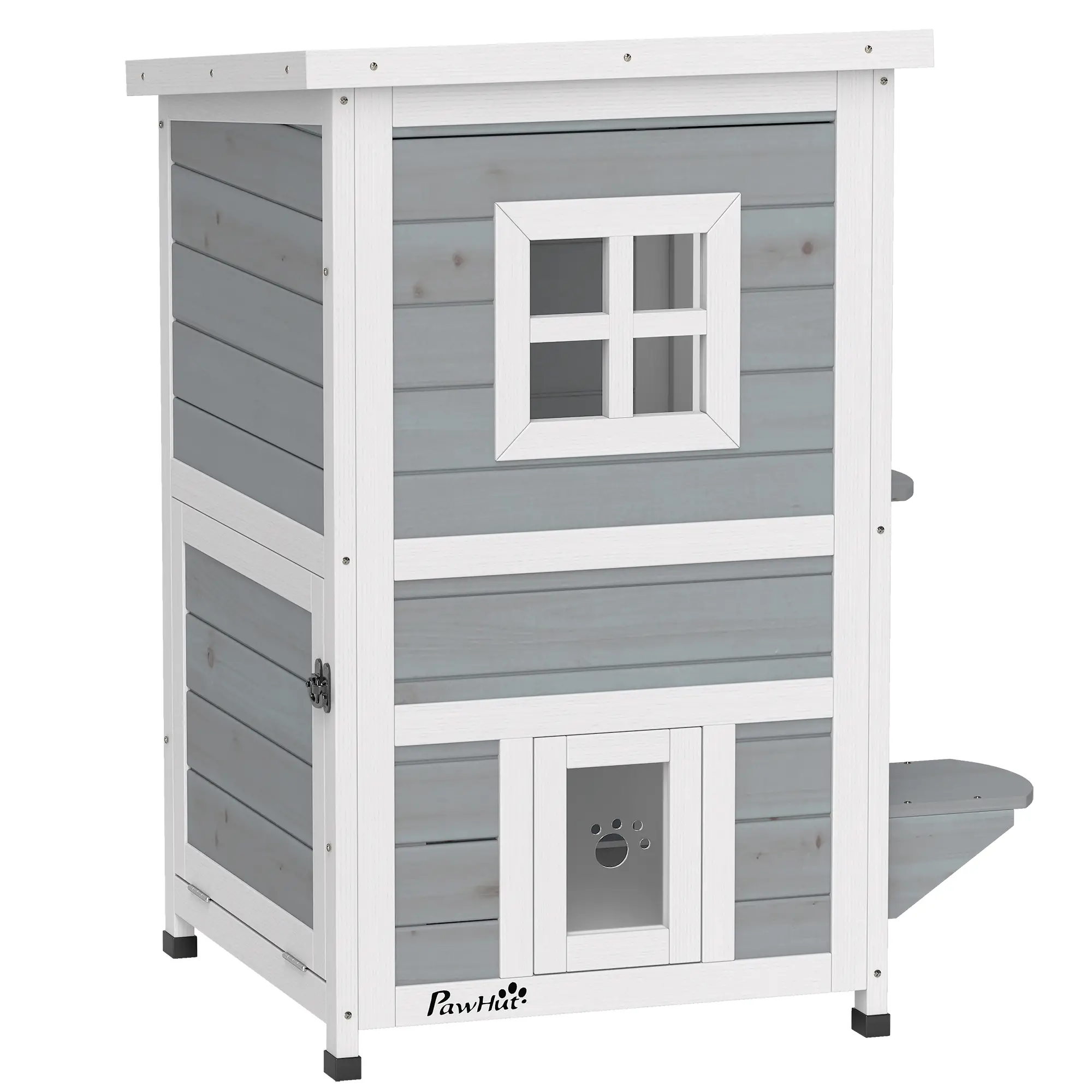 PawHut Two-Floor Wooden Cat House with Three Doors – Grey – image 15