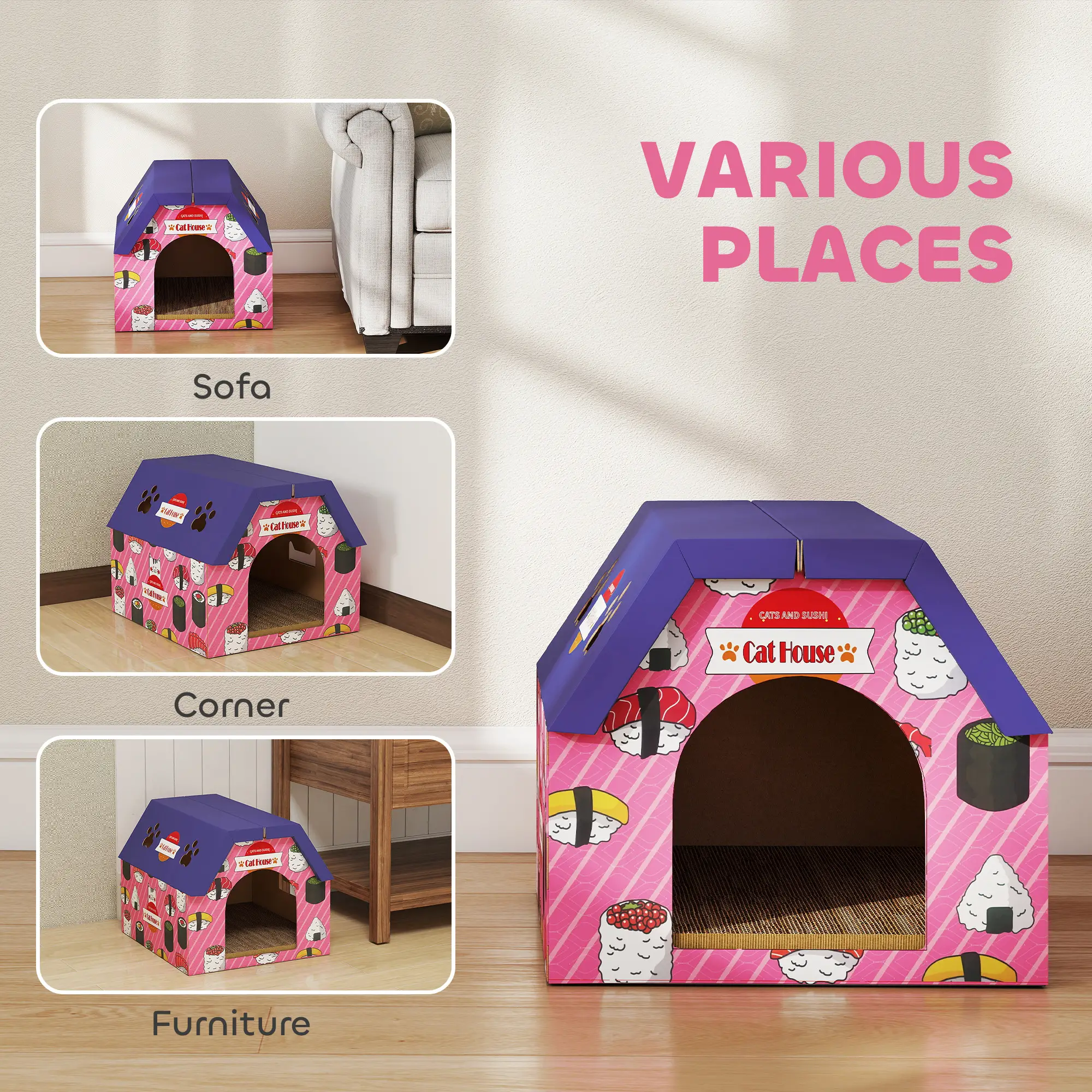 PawHut Sushi Cardboard Cat House & Scratcher – Pink – image 7