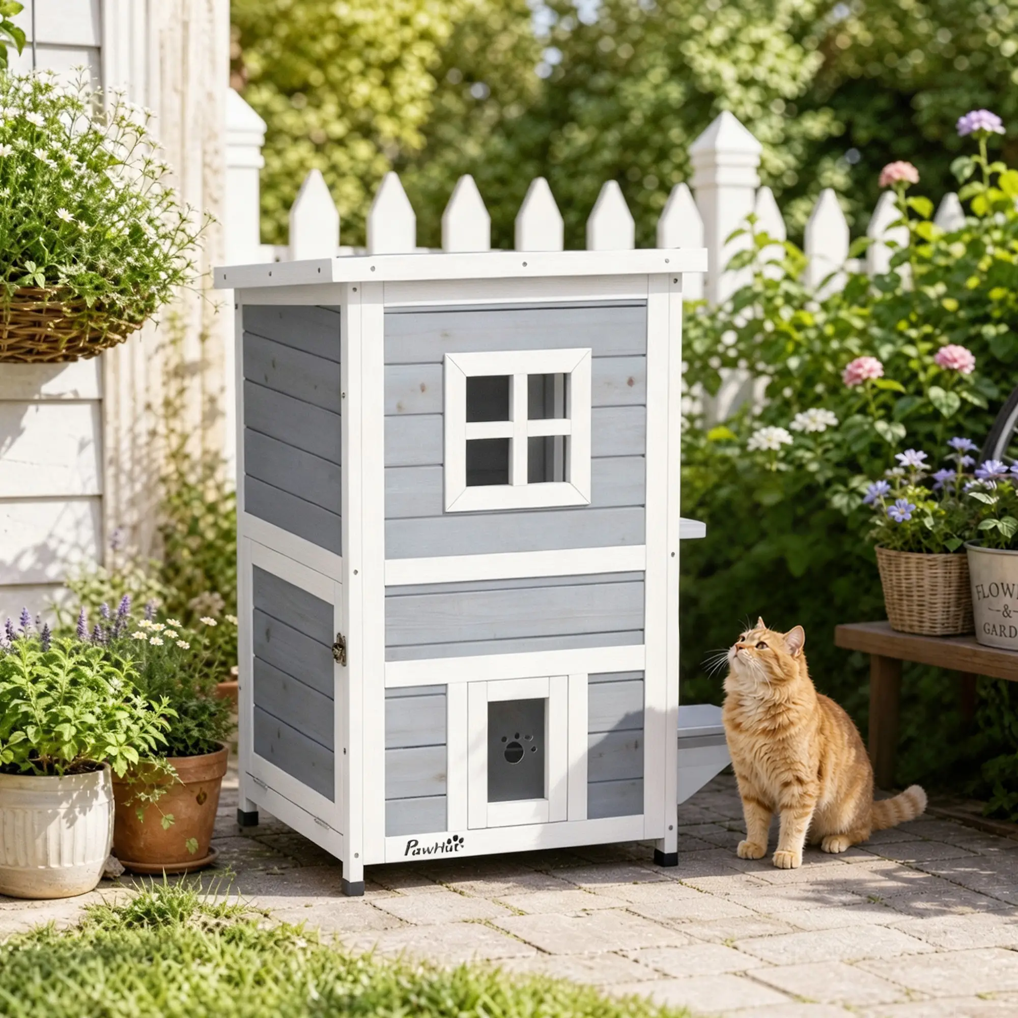 PawHut Two-Floor Wooden Cat House with Three Doors – Grey – image 14